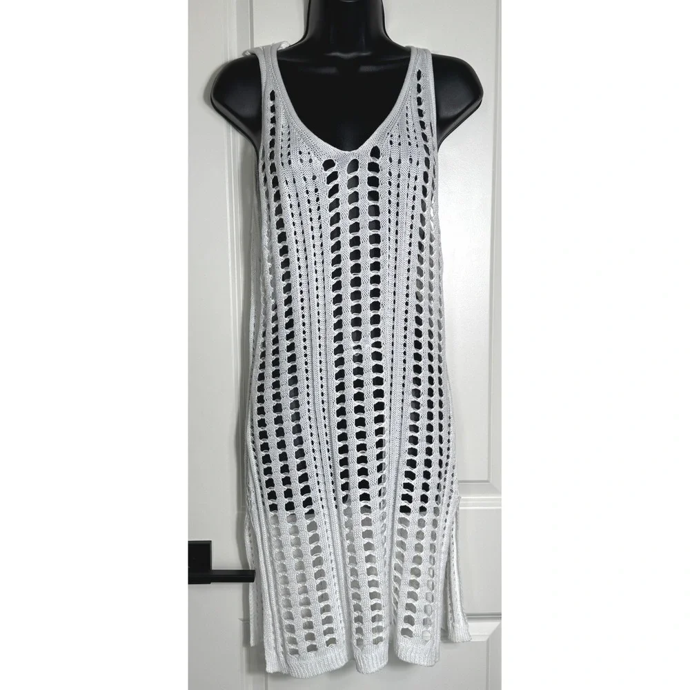 Cha Cha White‎ Crochet Knit Maxi Dress Cover Up Sleeveless V Neck M